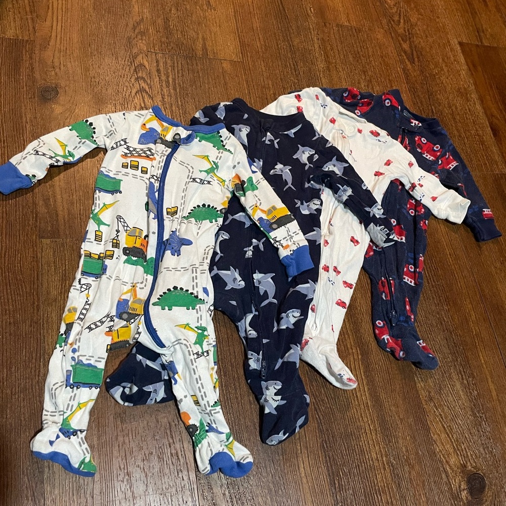 Bundle of 4 100% cotton 3 month sleepers Boys Firetrucks, sharks, construction